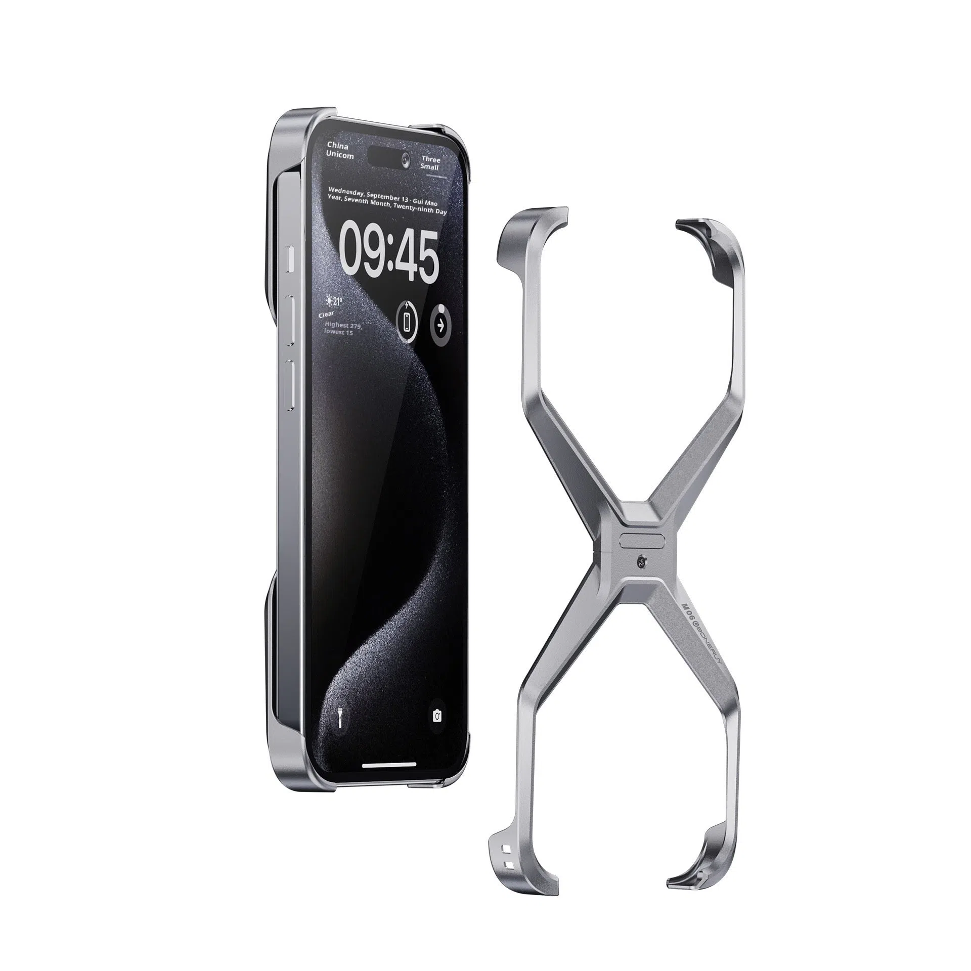 Aluminium alloy hollow frameless phone case in titanium colour for iPhone 16 Pro