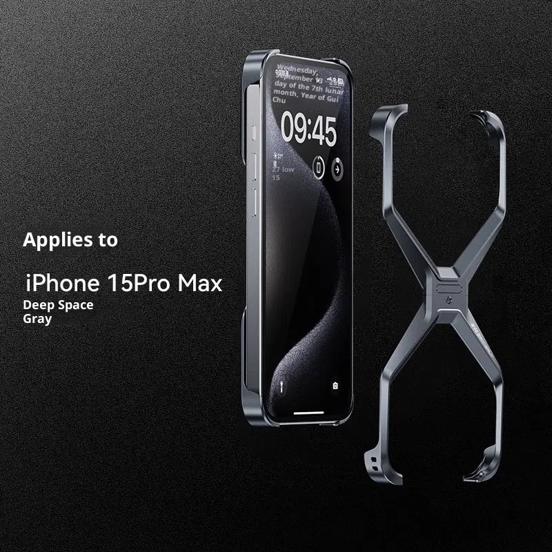 Aluminium alloy hollow frameless phone case in titanium colour for iPhone 16 Pro