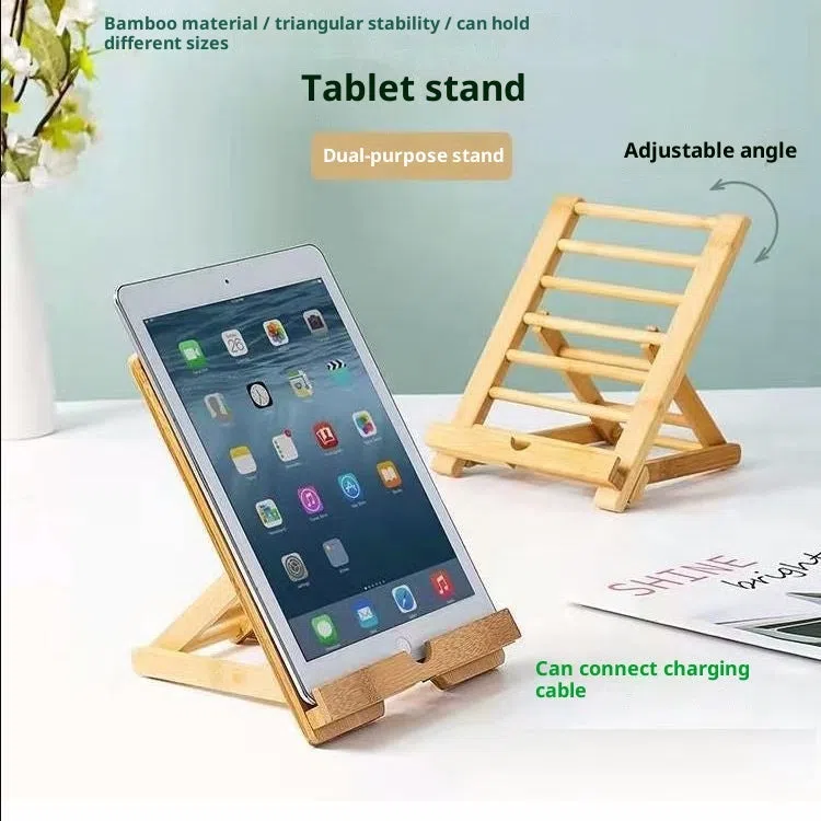 Bamboo adjustable angle foldable desktop phone stand for tablets and smartphones