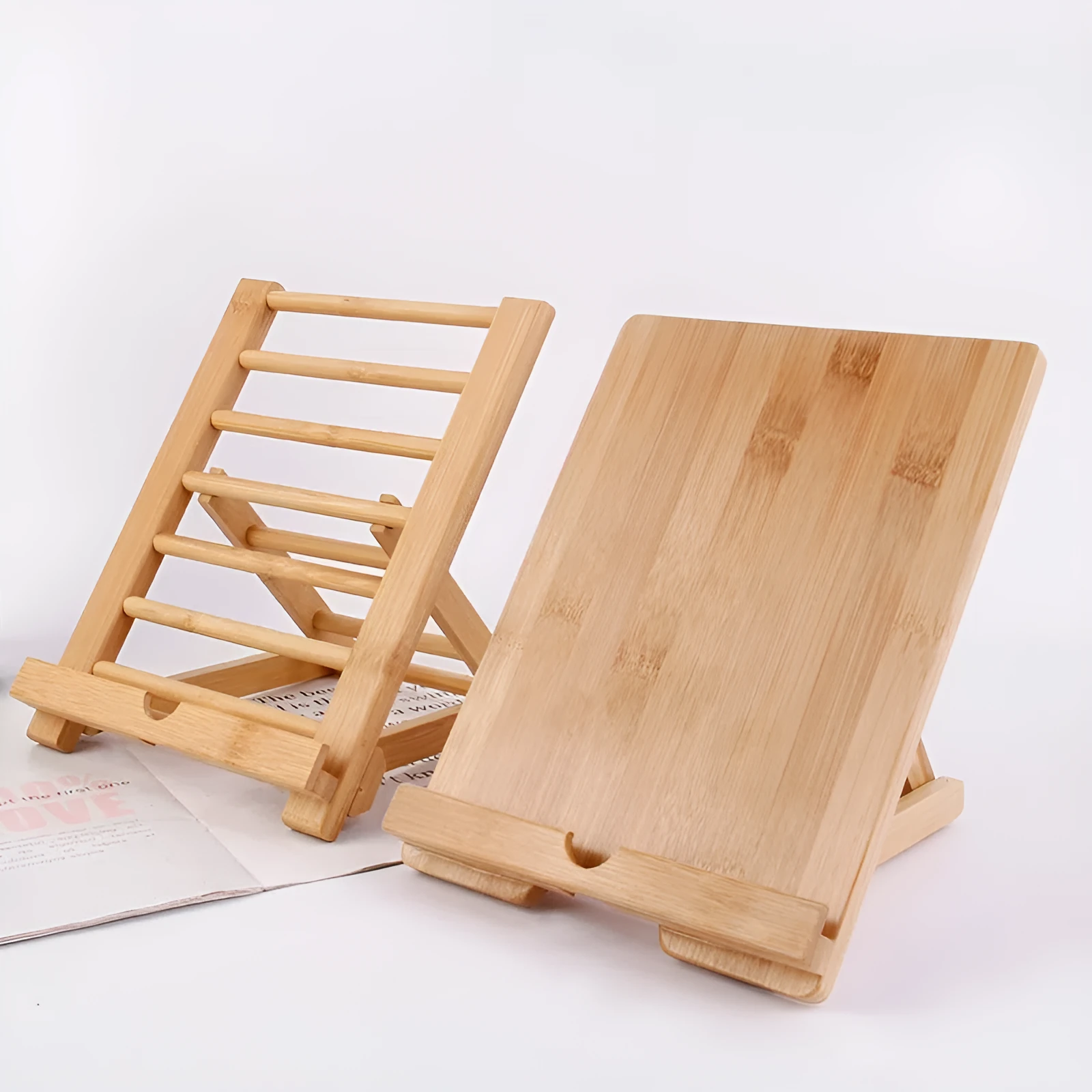 Bamboo adjustable angle foldable desktop phone stand for tablets and smartphones