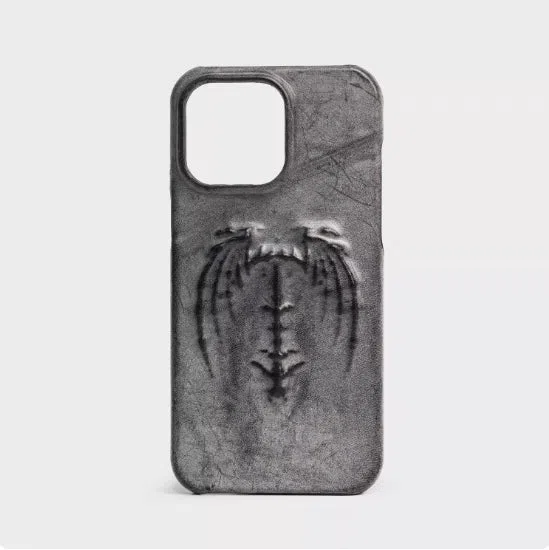 Retro gothic cowhide leather phone case with embossed vampire bat wing pattern, half-covered edge, for iPhone 12-17 series, Apply Red colour