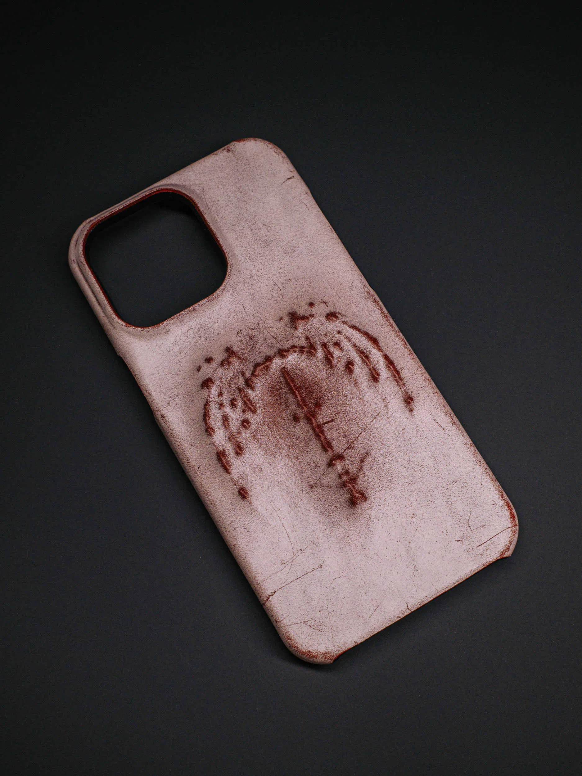 Retro gothic cowhide leather phone case with embossed vampire bat wing pattern, half-covered edge, for iPhone 12-17 series, Apply Red colour