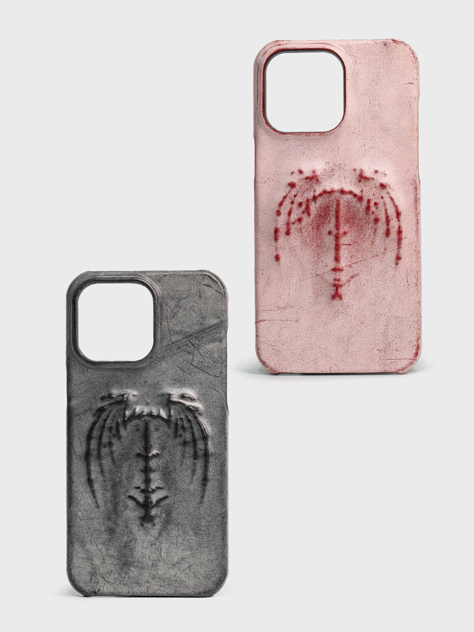 Retro gothic cowhide leather phone case with embossed vampire bat wing pattern, half-covered edge, for iPhone 12-17 series, Apply Red colour