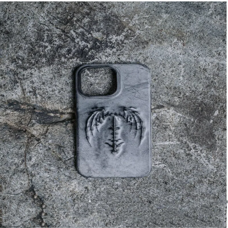 Retro gothic cowhide leather phone case with embossed vampire bat wing pattern, half-covered edge, for iPhone 12-17 series, Apply Red colour