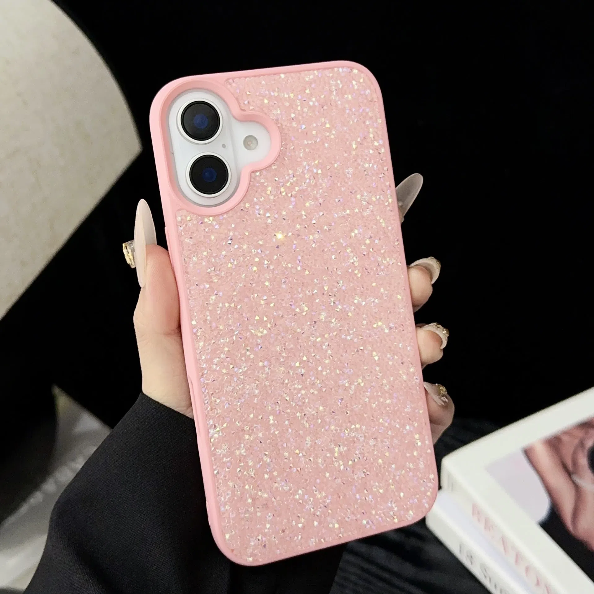 Luxury full diamond handmade phone case for iPhone 17 series in black colour option showing diamond surface texture