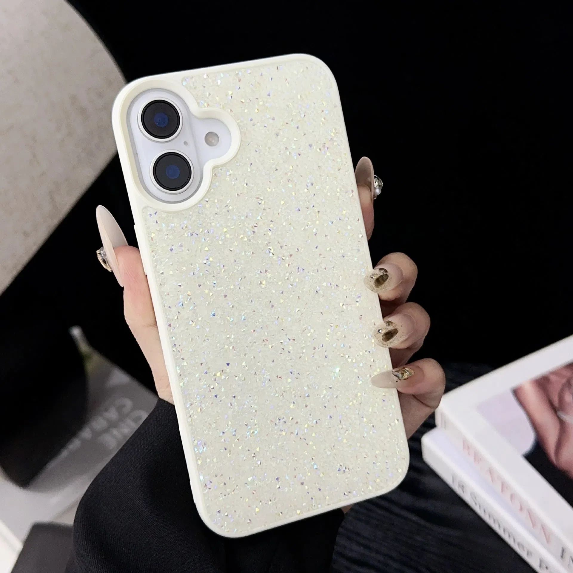 Luxury full diamond handmade phone case for iPhone 17 series in black colour option showing diamond surface texture