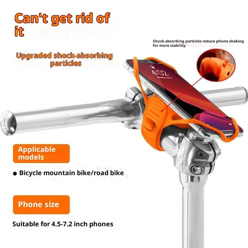 Universal adjustable plastic road bike phone mount in black, gray, and orange for handlebar cycling navigation