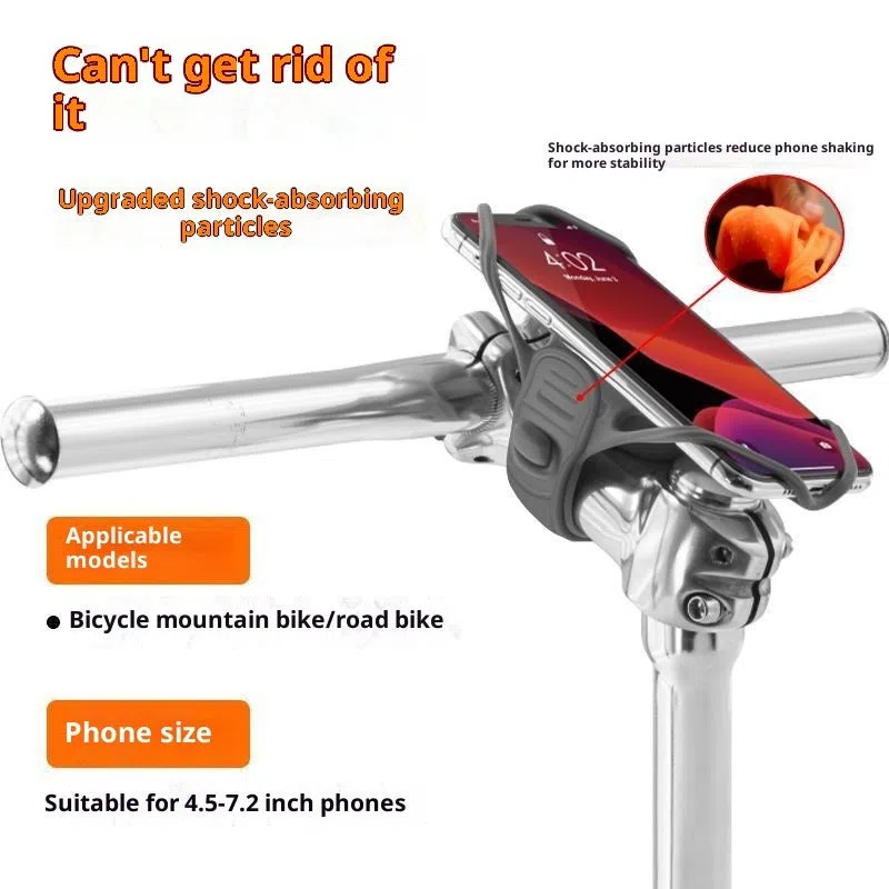 Universal adjustable plastic road bike phone mount in black, gray, and orange for handlebar cycling navigation