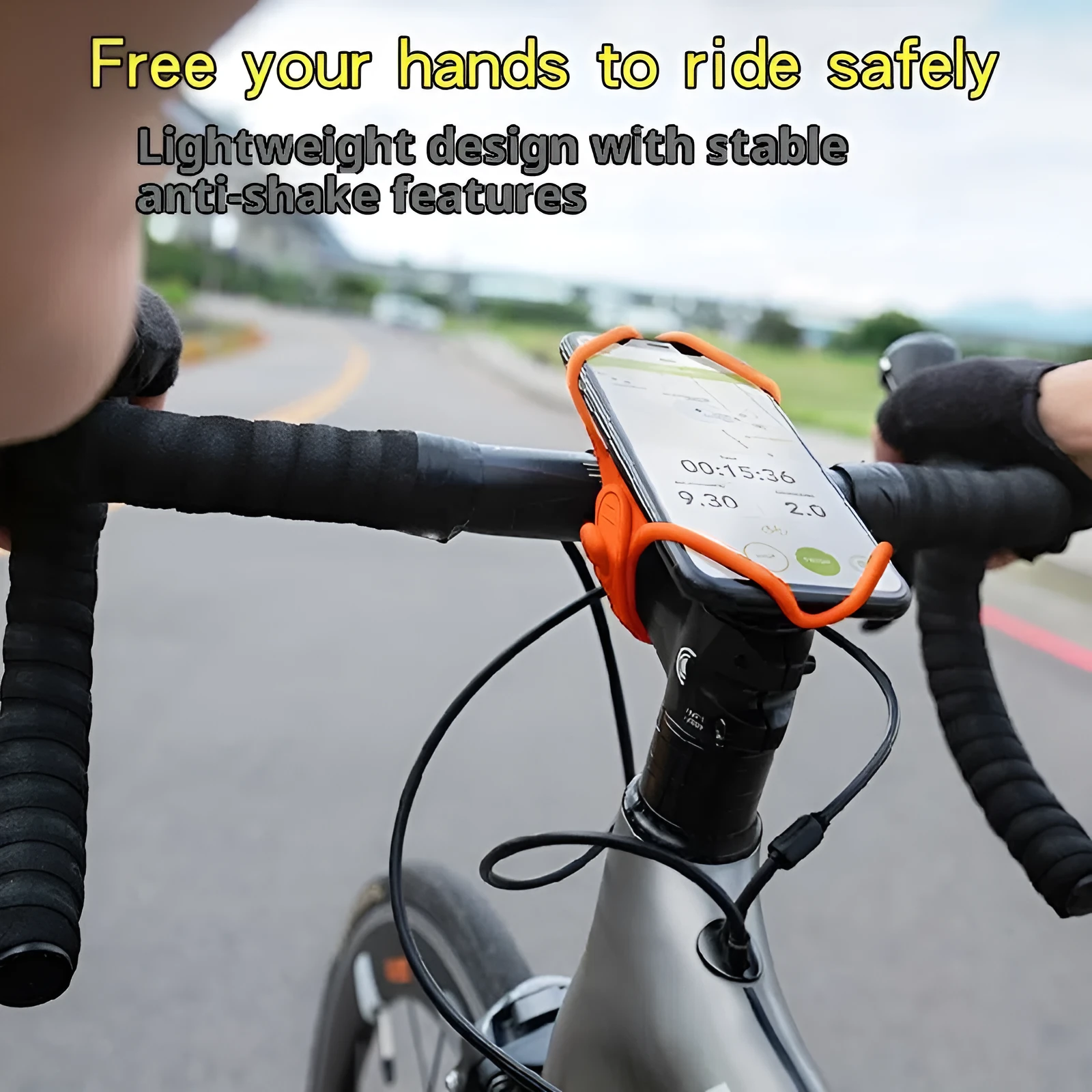 Universal adjustable plastic road bike phone mount in black, gray, and orange for handlebar cycling navigation