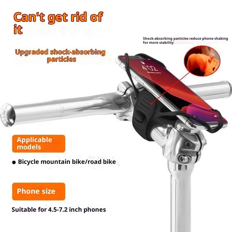 Universal adjustable plastic road bike phone mount in black, gray, and orange for handlebar cycling navigation