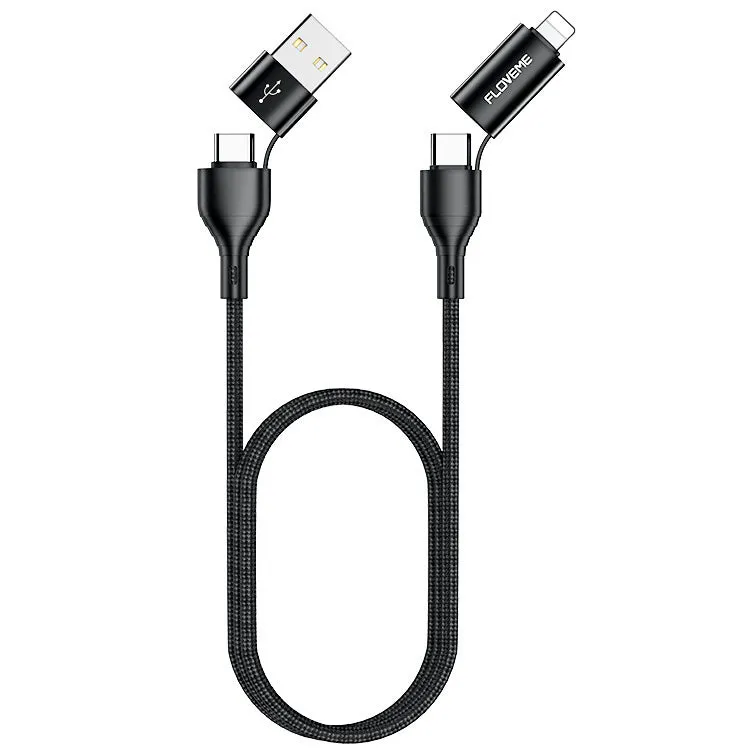 Black braided 4-in-1 data cable with USB, USB-C and Lightning connectors for mobile device charging