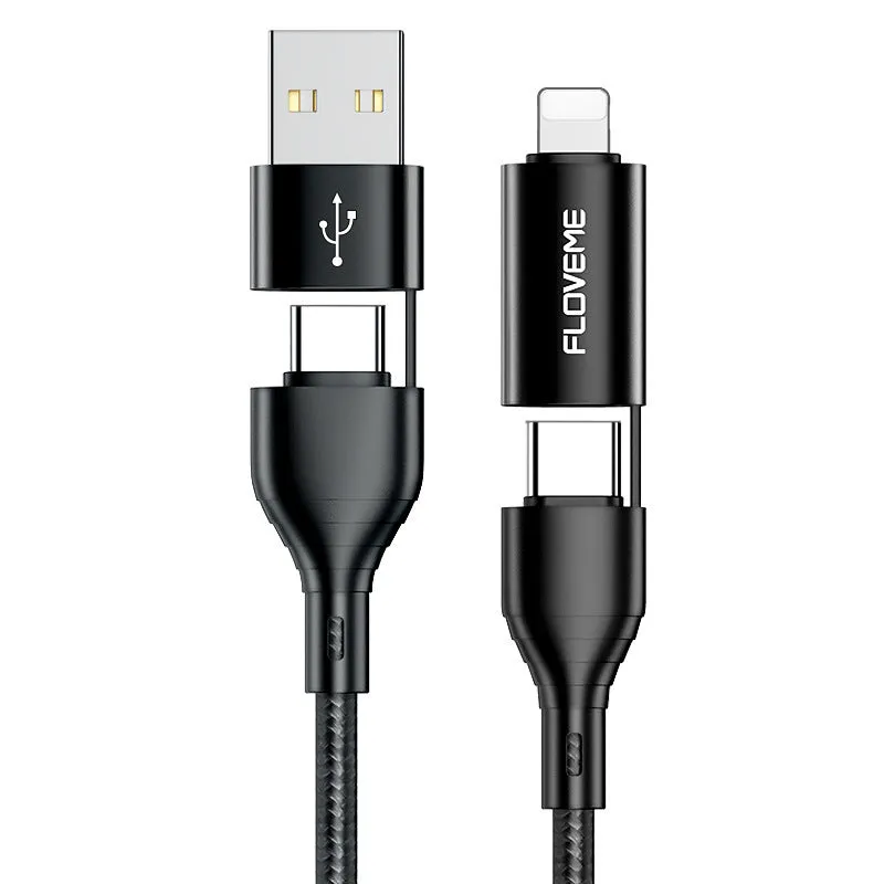 Black braided 4-in-1 data cable with USB, USB-C and Lightning connectors for mobile device charging