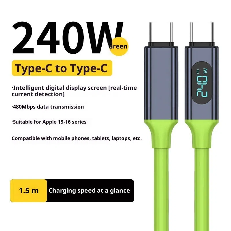 Green silicone fast charging data cable with digital display and Type-C connector