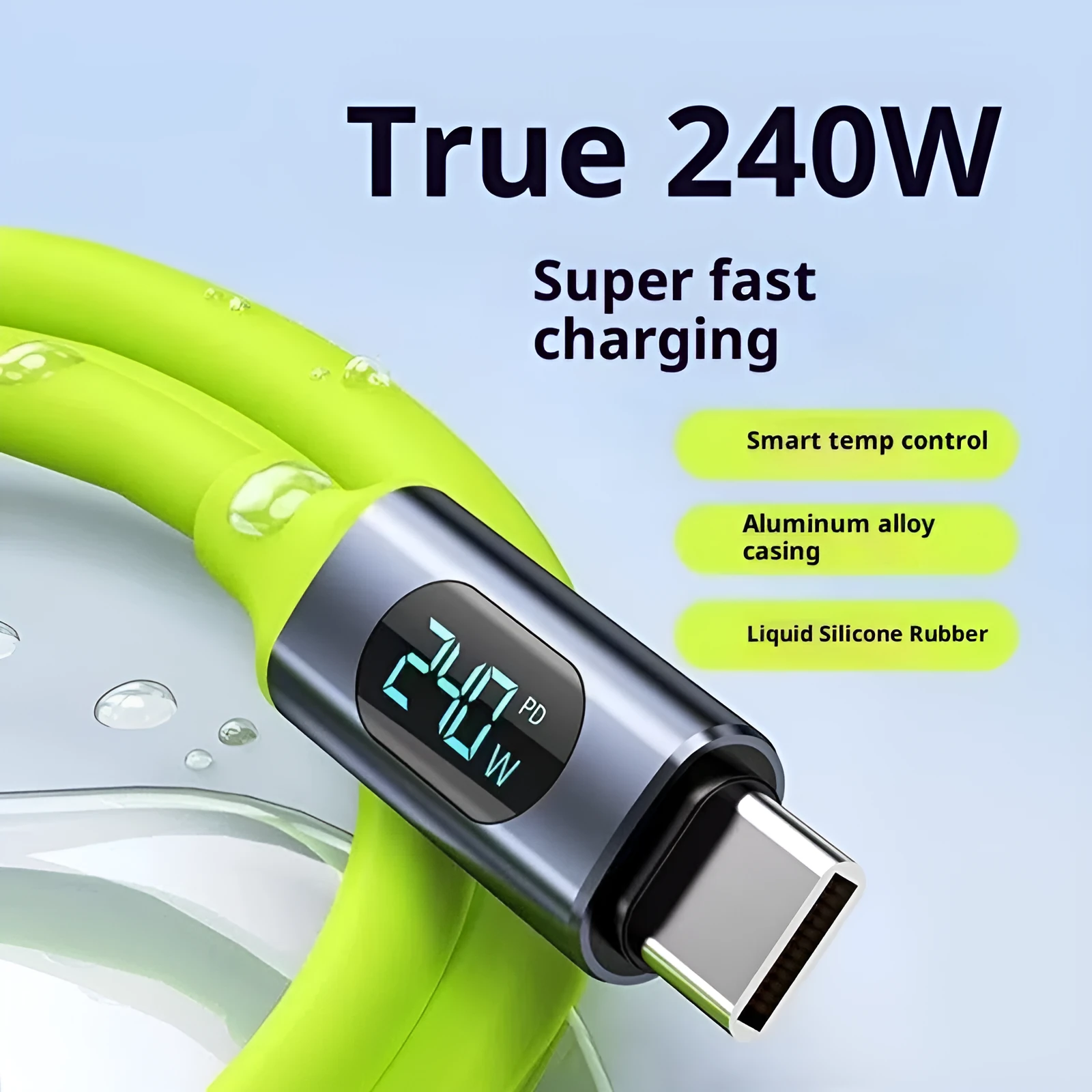 Green silicone fast charging data cable with digital display and Type-C connector