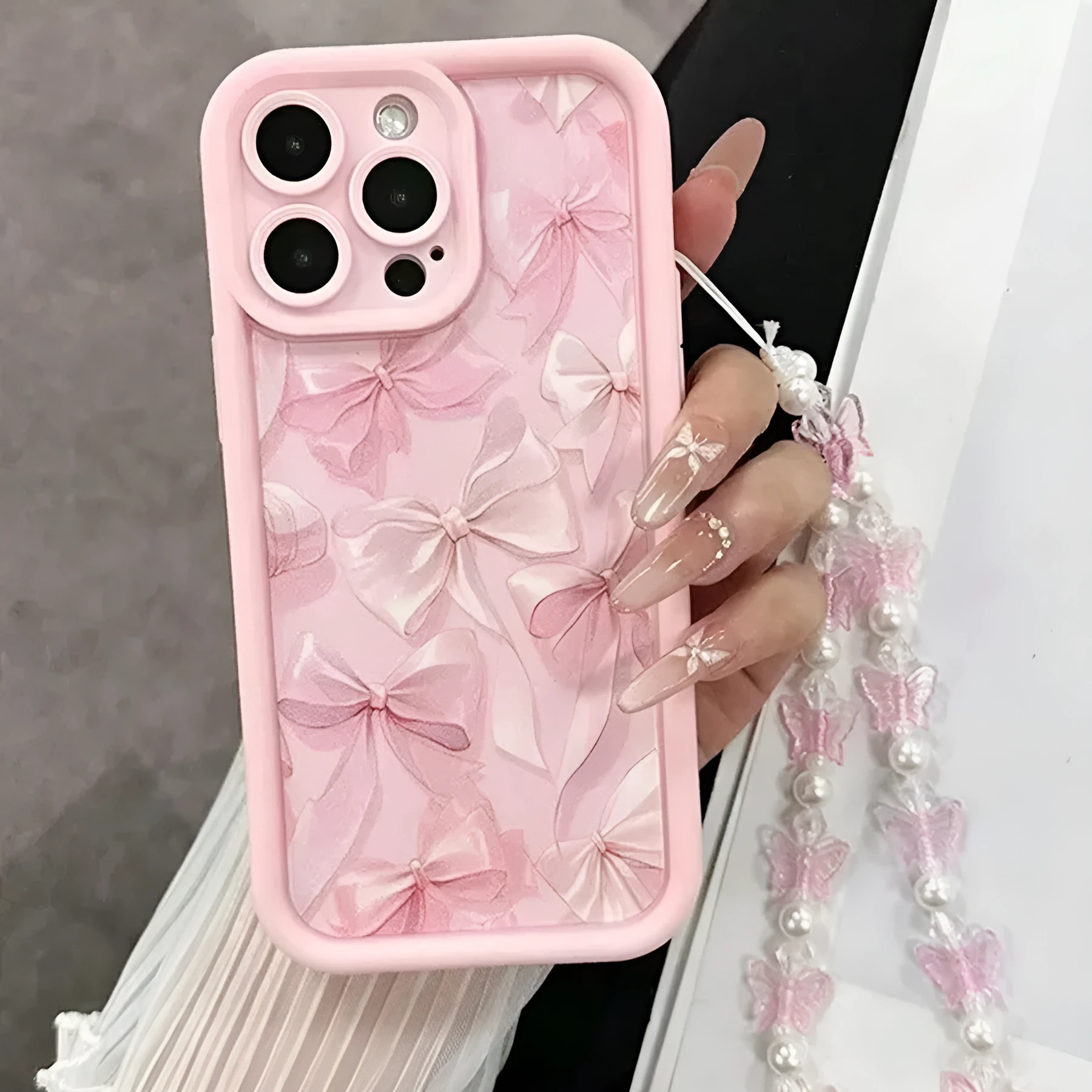 Pink TPU phone case with cartoon butterfly bracelet for iPhone 11 to 17 series