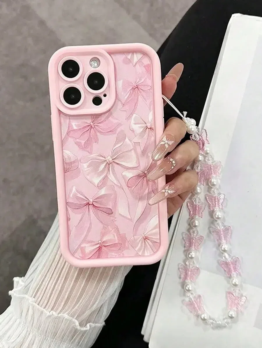 Pink TPU phone case with cartoon butterfly bracelet for iPhone 11 to 17 series