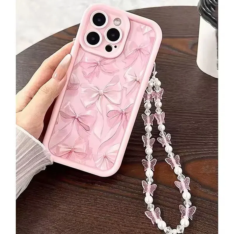 Pink matte silicone phone case with bow design and Tianyan ladder pattern for Apple iPhone