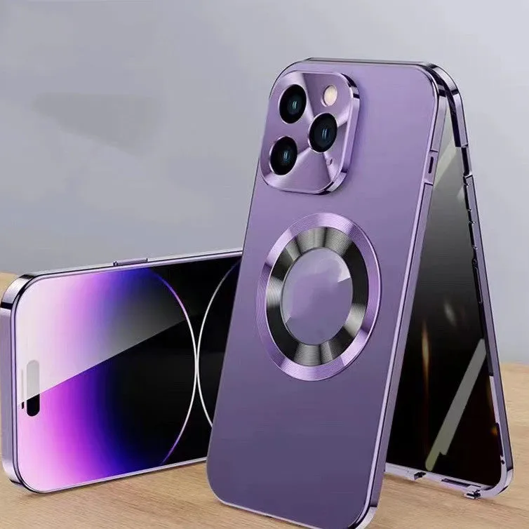 Magnetic iPhone case with anti-peep metal clip in black, blue, gold, purple, and silver colour options.