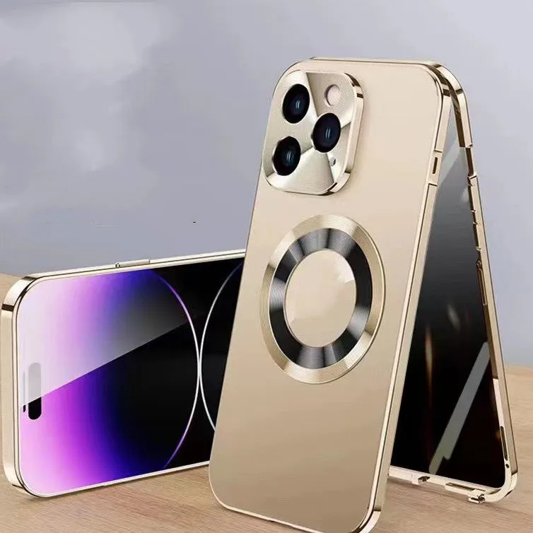 Magnetic iPhone case with anti-peep metal clip in black, blue, gold, purple, and silver colour options.