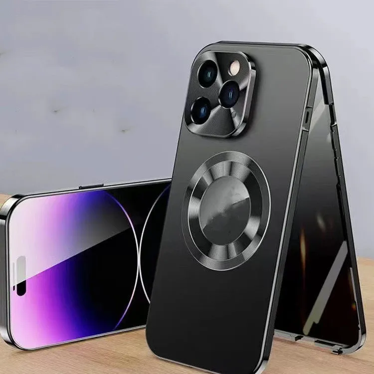 Magnetic iPhone case with anti-peep metal clip in black, blue, gold, purple, and silver colour options.