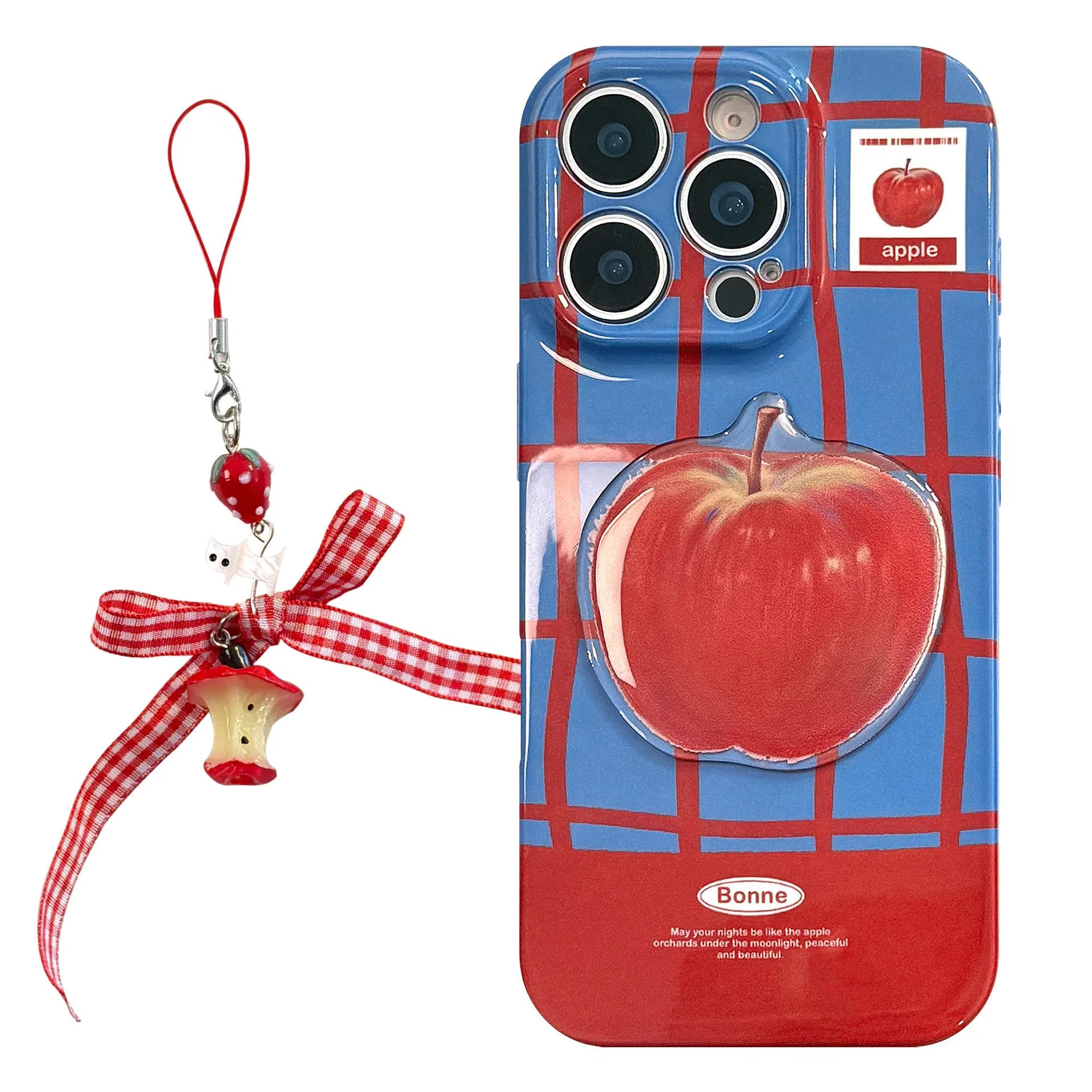Colour-block checkered 3D fruit phone case for iPhone with blue red grid pattern and red fruit design pendant on a white background