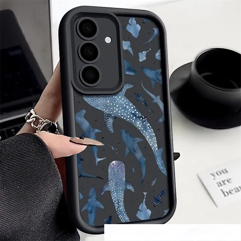 Shark print silicone phone case for Samsung Galaxy, shockproof and drop-proof, in black colour