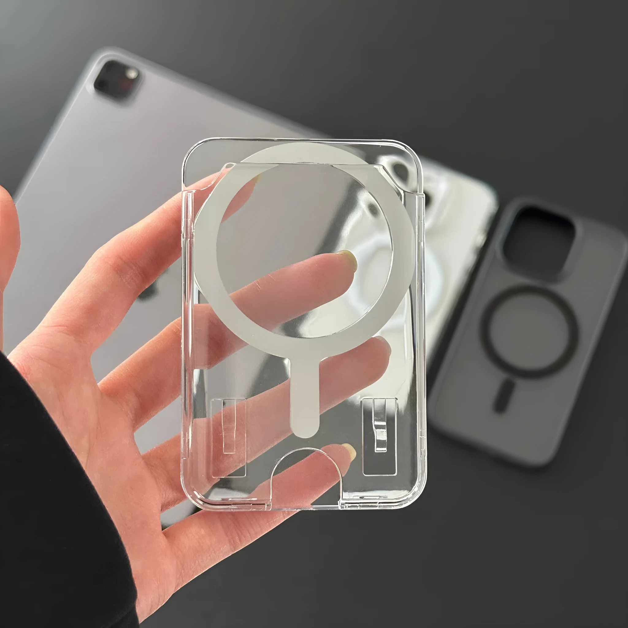 Transparent acrylic full-coverage protective phone case with wallet card holder for iPhone, white colour option