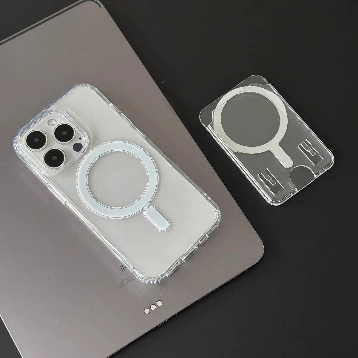Transparent acrylic full-coverage protective phone case with wallet card holder for iPhone, white colour option