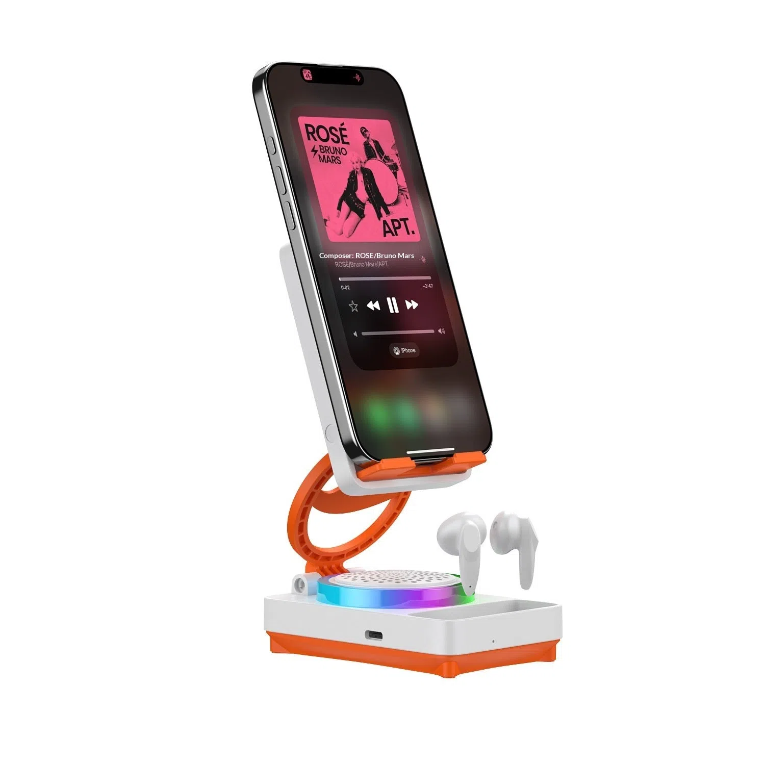 TF27BOX multifunctional mobile phone holder in black with built-in speaker and phone placed in cradle