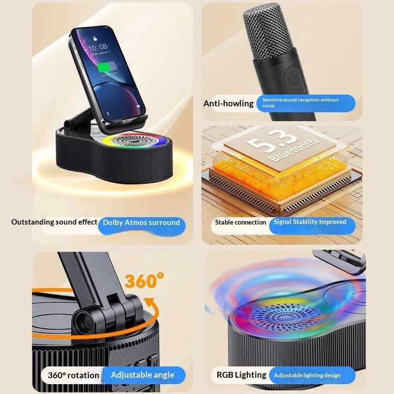 5-in-1 rotating adjustable phone stand power bank Bluetooth speaker with microphone in black