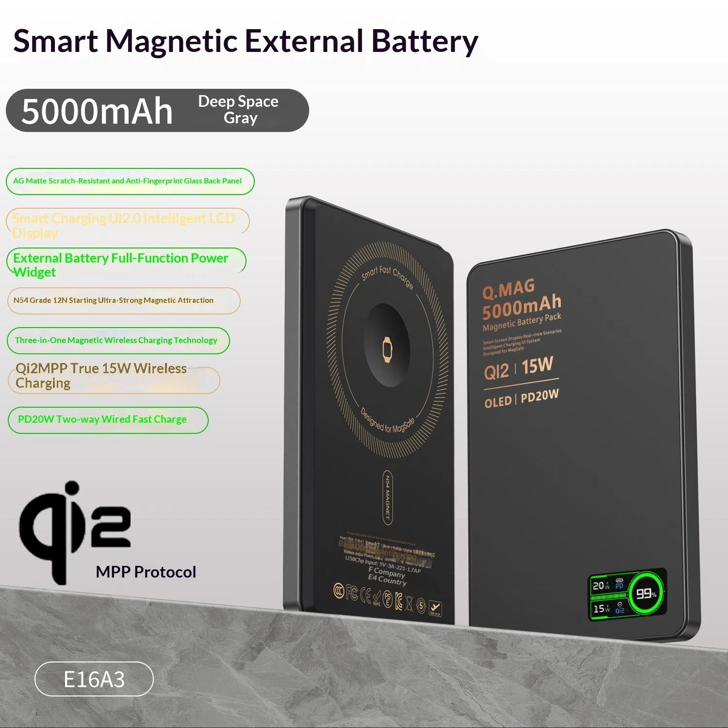 Ultra-thin magnetic power bank with Qi2 certification, aluminium alloy shell, glass back panel, and smart digital display showing 5000mAh battery capacity