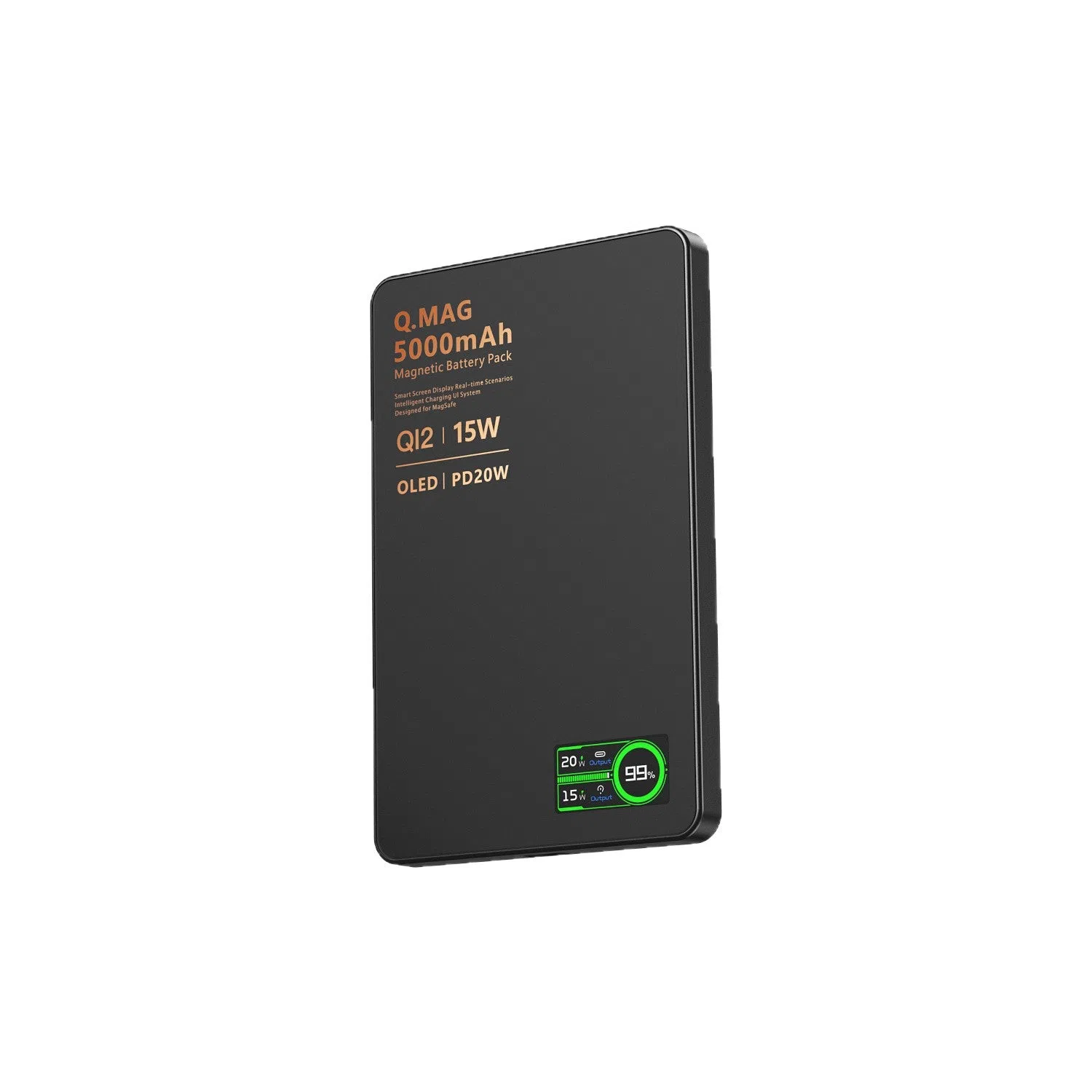 Ultra-thin magnetic power bank with Qi2 certification, aluminium alloy shell, glass back panel, and smart digital display showing 5000mAh battery capacity