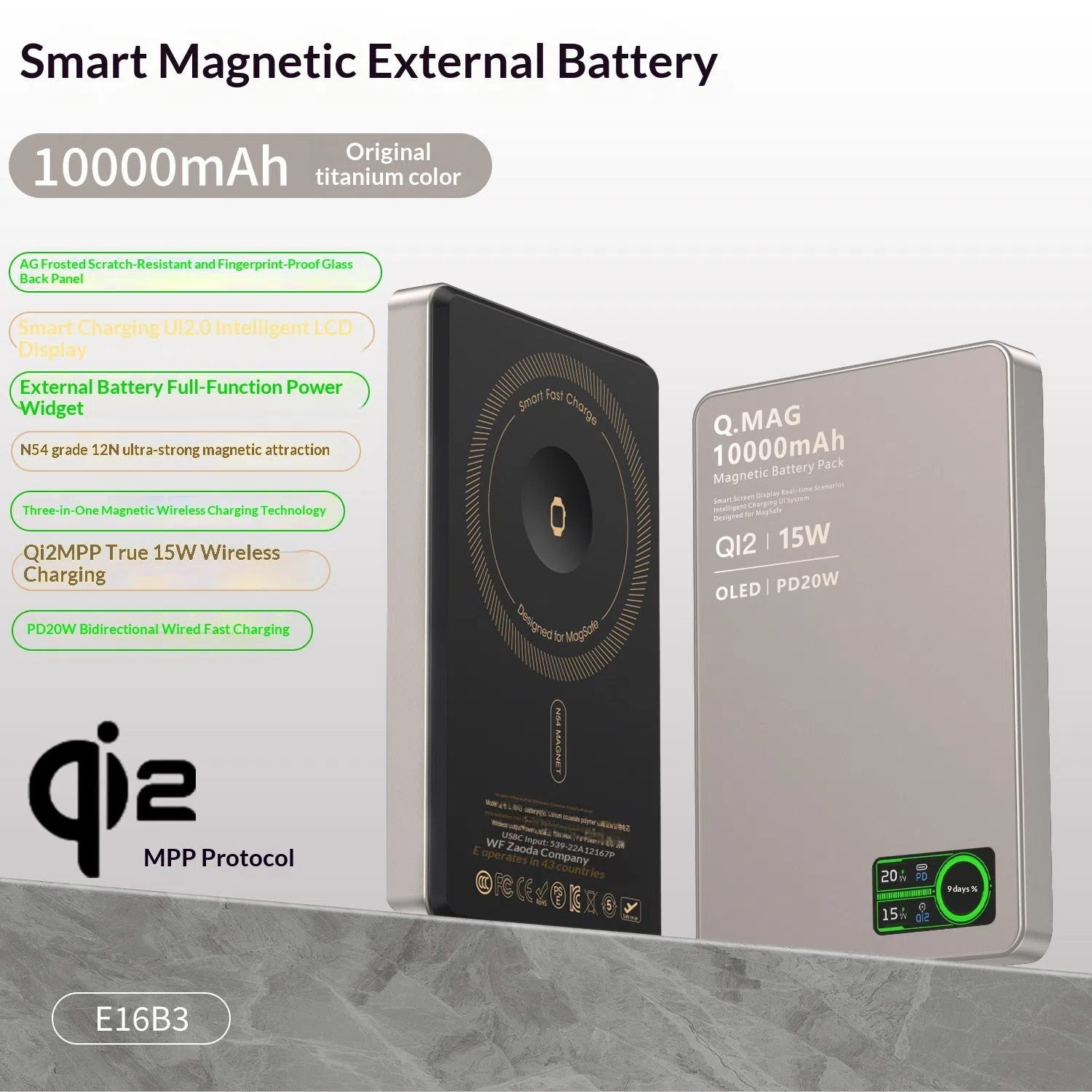 Ultra-thin magnetic power bank with Qi2 certification, aluminium alloy shell, glass back panel, and smart digital display showing 5000mAh battery capacity