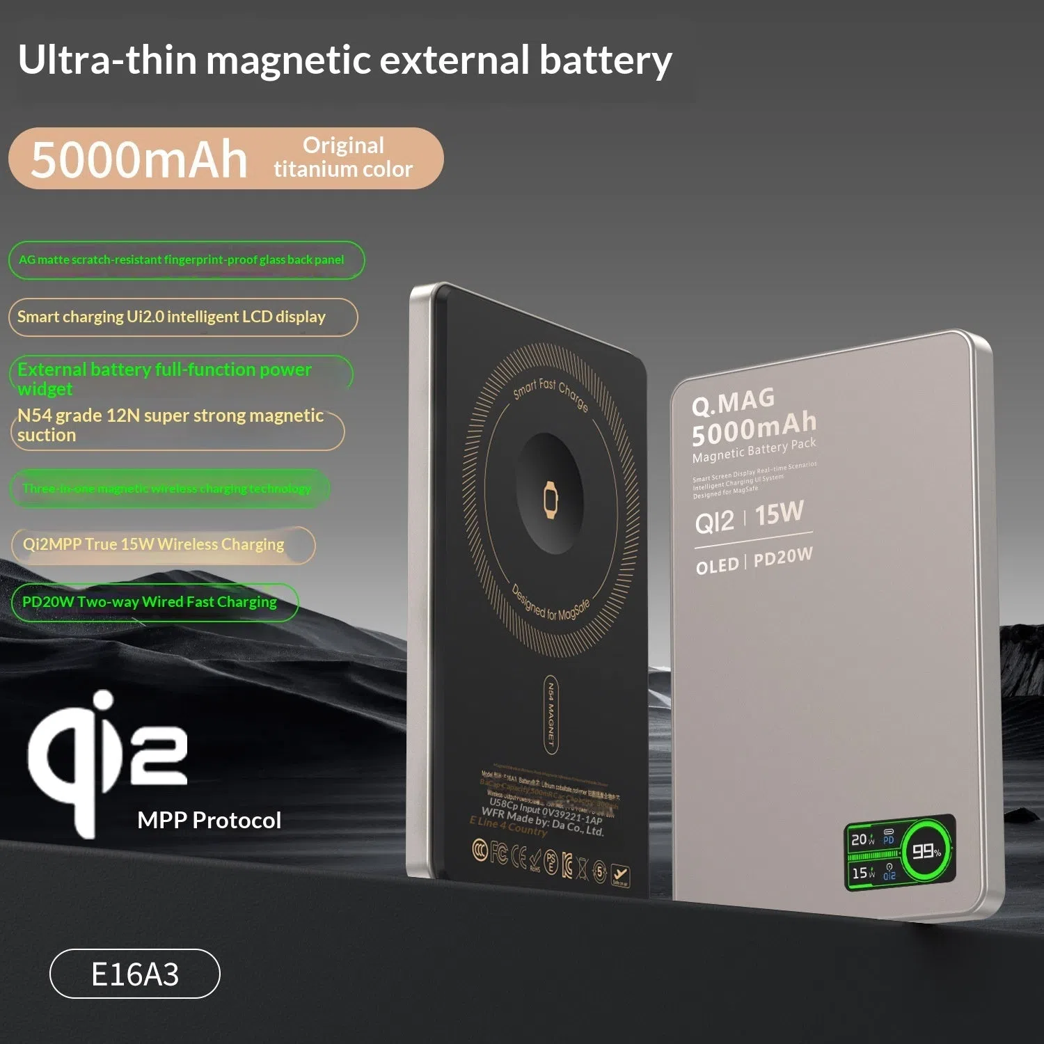 Ultra-thin magnetic power bank with Qi2 certification, aluminium alloy shell, glass back panel, and smart digital display showing 5000mAh battery capacity