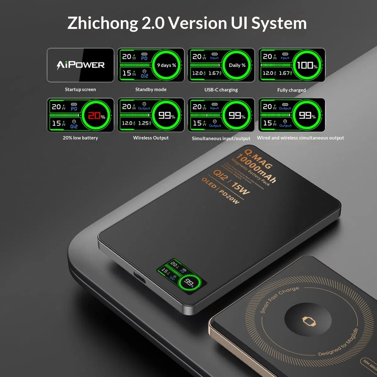 Ultra-thin magnetic power bank with Qi2 certification, aluminium alloy shell, glass back panel, and smart digital display showing 5000mAh battery capacity