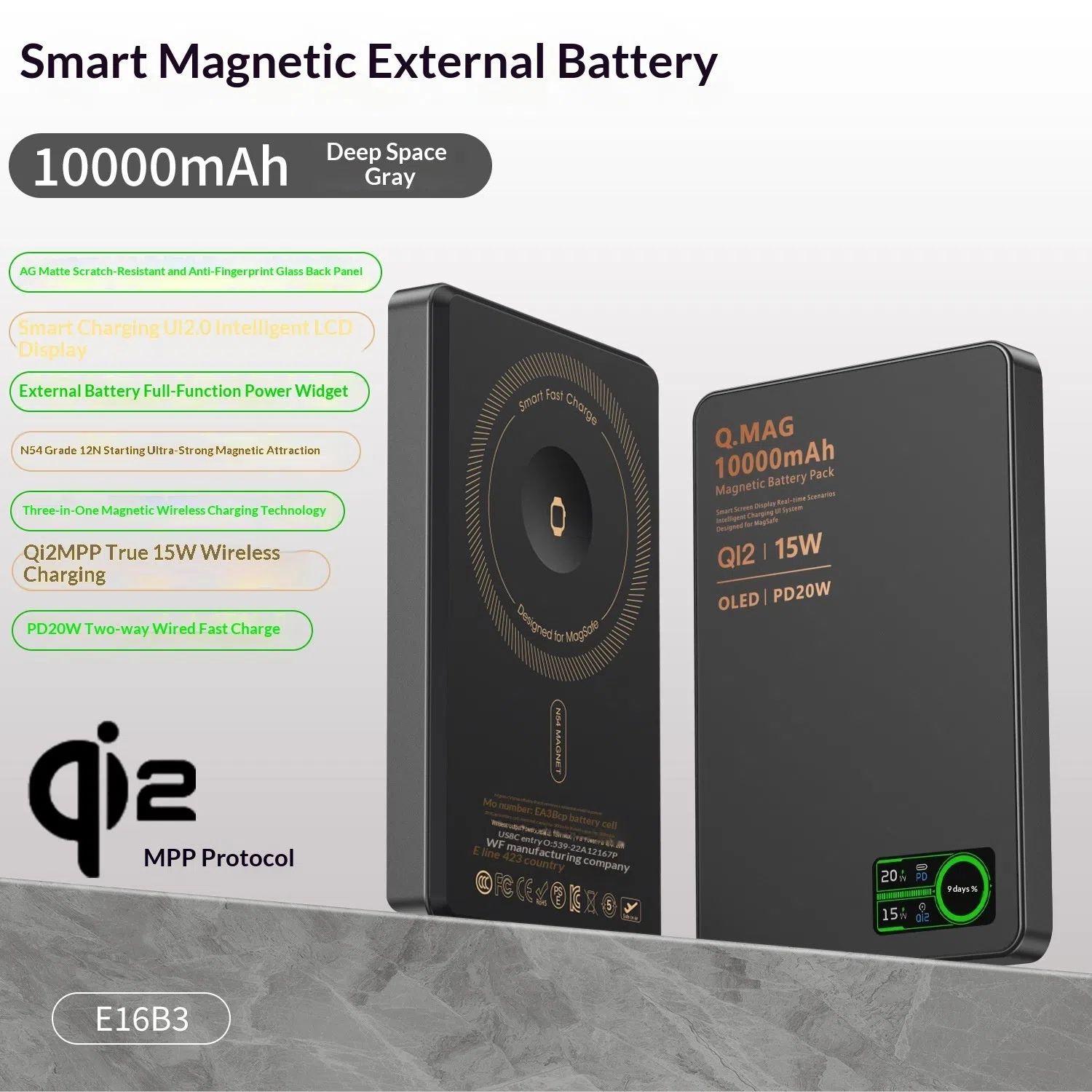Ultra-thin magnetic power bank with Qi2 certification, aluminium alloy shell, glass back panel, and smart digital display showing 5000mAh battery capacity