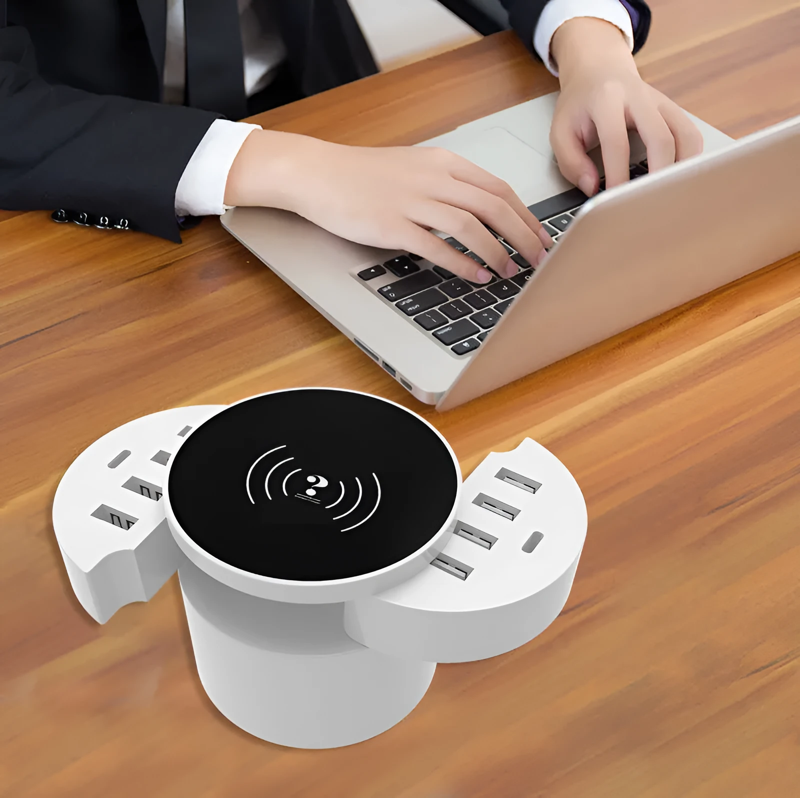 Ceramic white circular wireless phone charger with UK, EU and US adapters