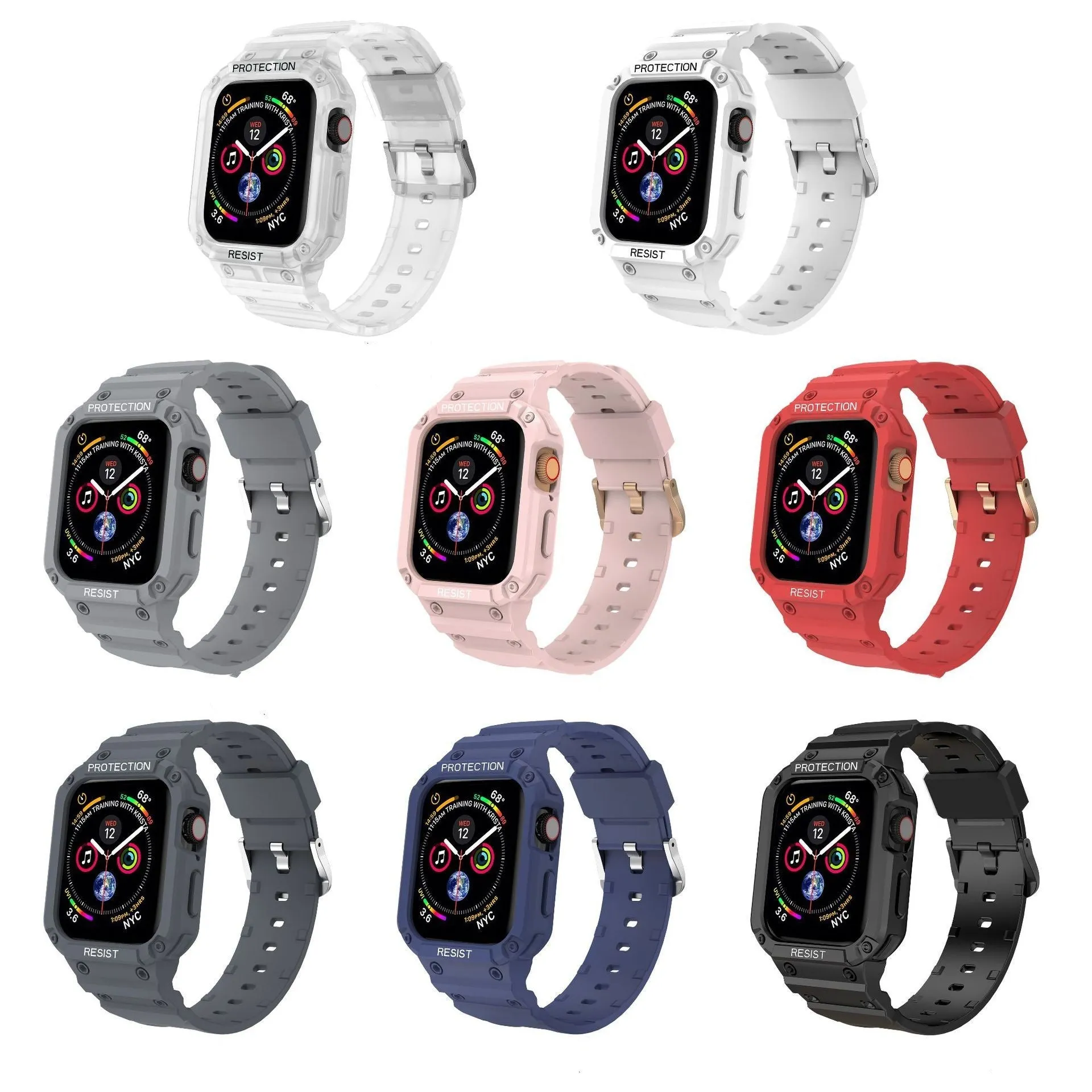 Soft TPU sport watch strap for Apple Watch Series 8 in multiple colours on a white background.