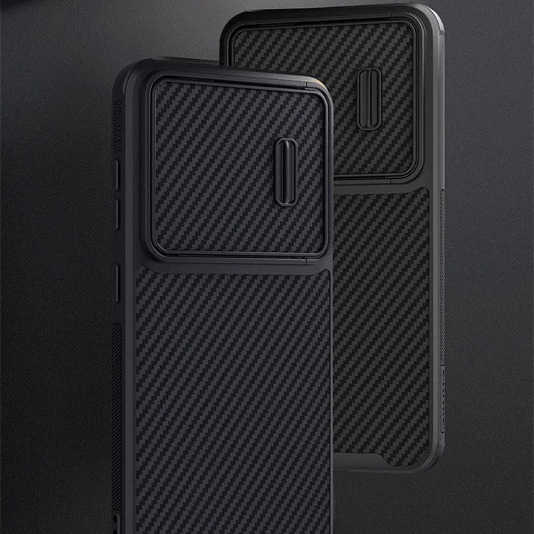 Matte black Samsung S23 Ultra phone case with a push-down camera lens cover, made from TPU, PC and carbon fibre.