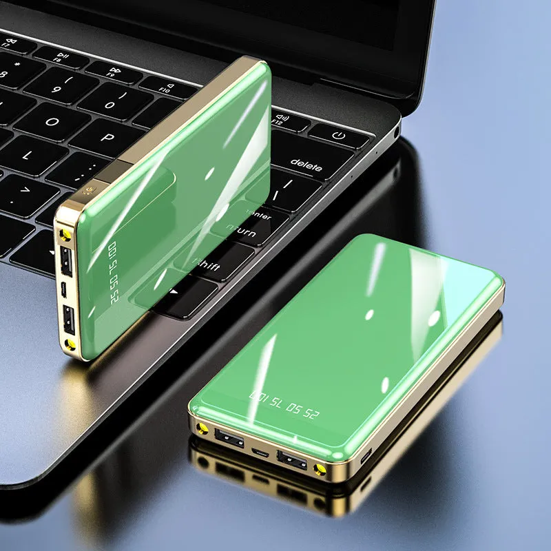 Mirror digital display power bank showing charge level, in choice of five colours.