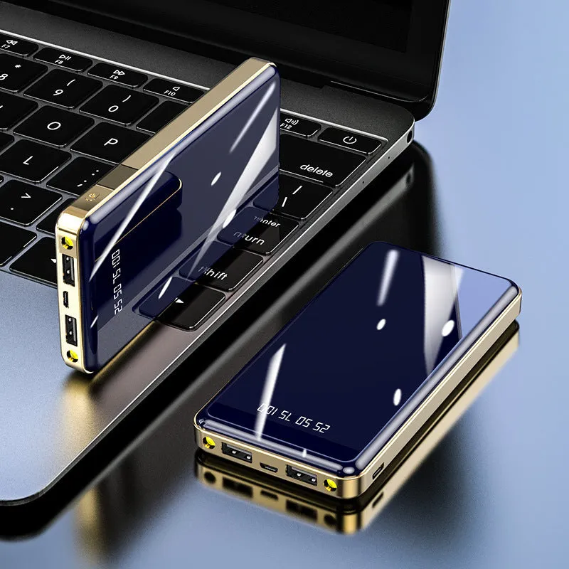 Mirror digital display power bank showing charge level, in choice of five colours.