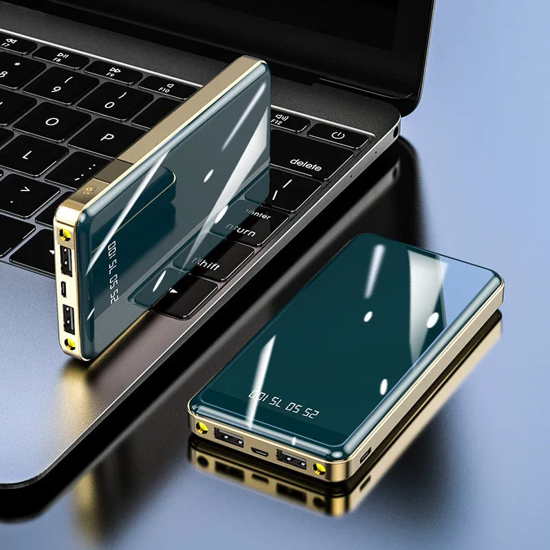 Mirror digital display power bank showing charge level, in choice of five colours.
