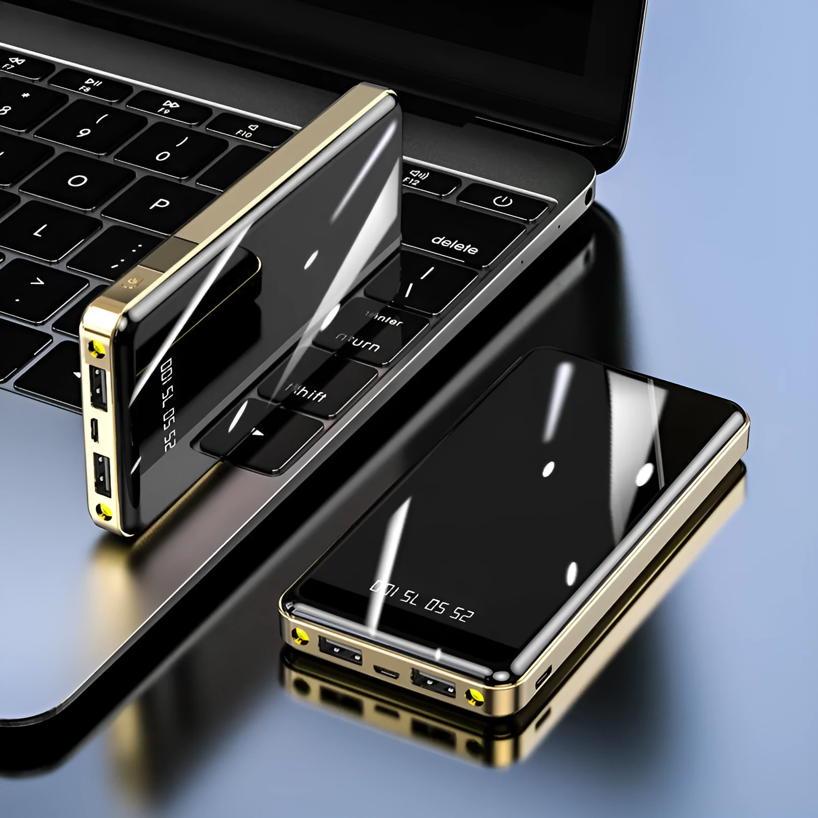 Mirror digital display power bank showing charge level, in choice of five colours.