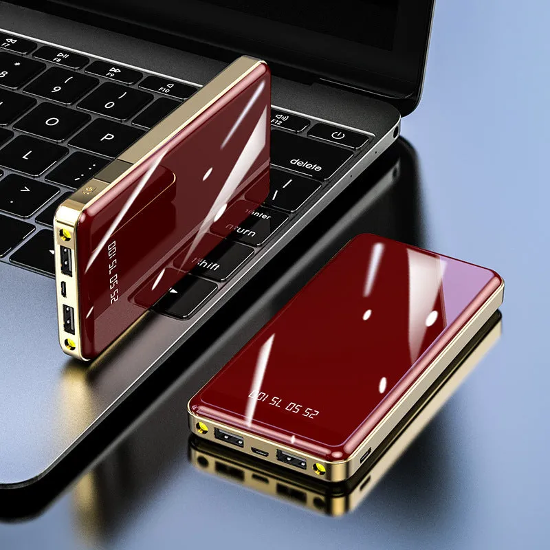 Mirror digital display power bank showing charge level, in choice of five colours.