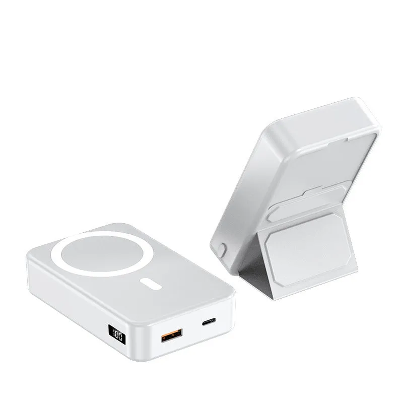 Magnetic wireless charging power bank with folding stand open, showing colour options.