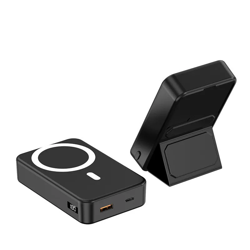 Magnetic wireless charging power bank with folding stand open, showing colour options.