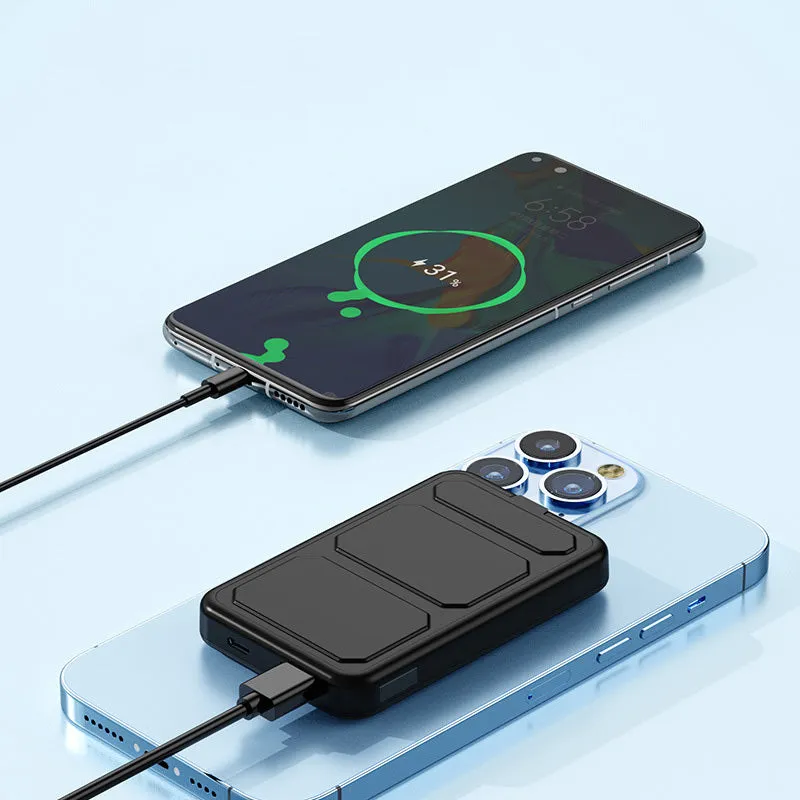 Magnetic wireless charging power bank with folding stand open, showing colour options.