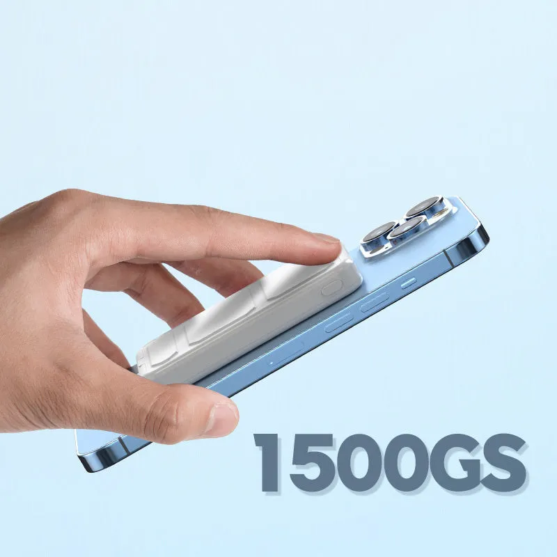 Magnetic wireless charging power bank with folding stand open, showing colour options.