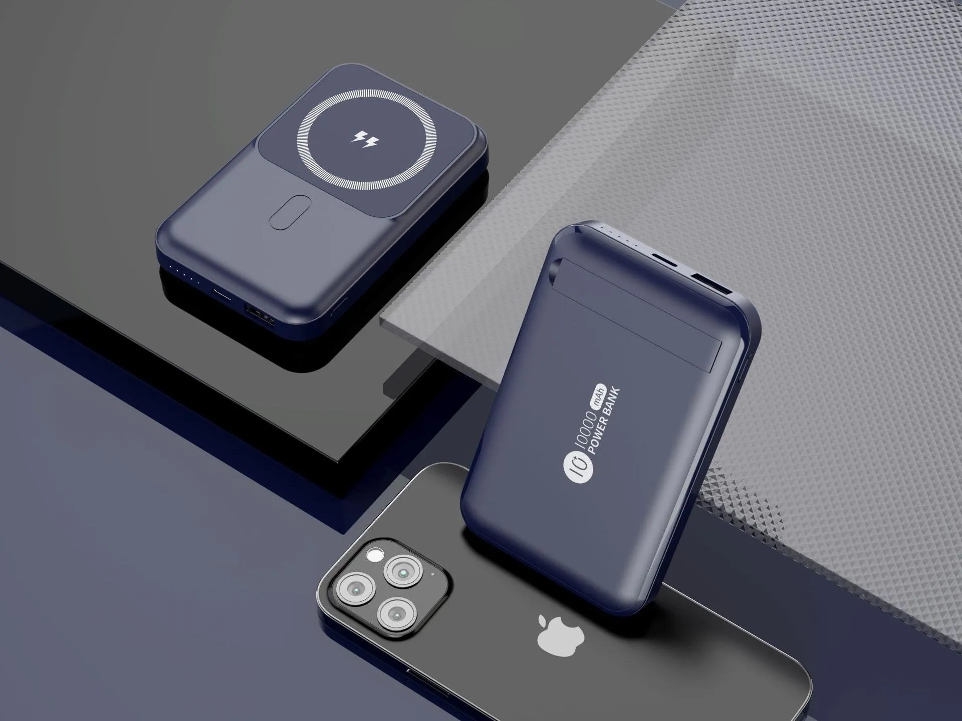Magnetic wireless charging power bank with folding stand open, showing colour options.