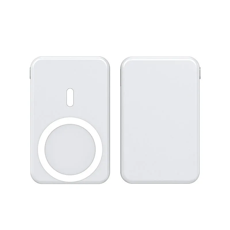 Magnetic wireless charging power bank with folding stand open, showing colour options.